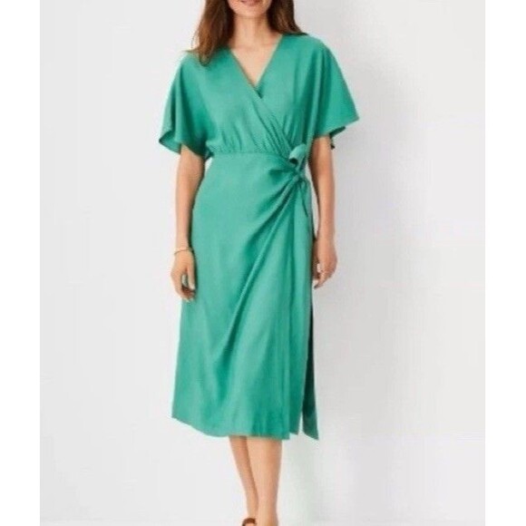 Ann Taylor Midi Wrap Dress 8 Green Short Sleeve Day Dress Semi-Formal Wedding - Picture 1 of 9